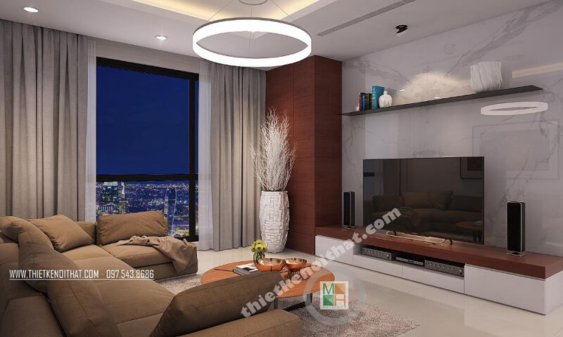 Trang trí nội thất phòng khách chung cư đẹp với bộ sofa bọc vải cao cấp kết hợp đèn trang trí ấn tượng mang đến không gian lí tưởng Danh sách các mẫu bố trí phòng khách đẹp tiện nghi