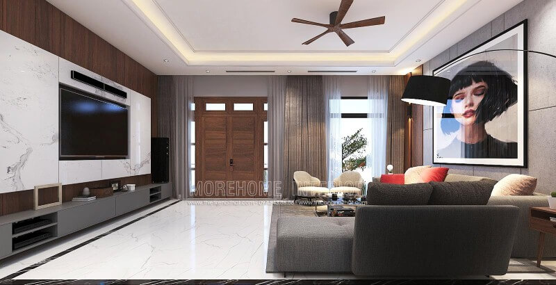 Trang trí nội thất phòng khách hiện đại đẹp, tinh tế từ đá ốp tường vân mây, tranh treo tường nghệ thuật cùng sofa hiện đại cao cấp. Danh sách các mẫu bố trí phòng khách đẹp tiện nghi
