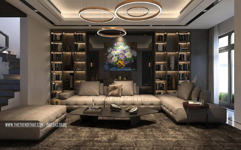 Sofa hiện đại màu xám cao cấp đẹp tạo điểm nhấn ấn tượng cho phòng khách rộng, lớn. Danh sách các mẫu bố trí phòng khách đẹp tiện nghi