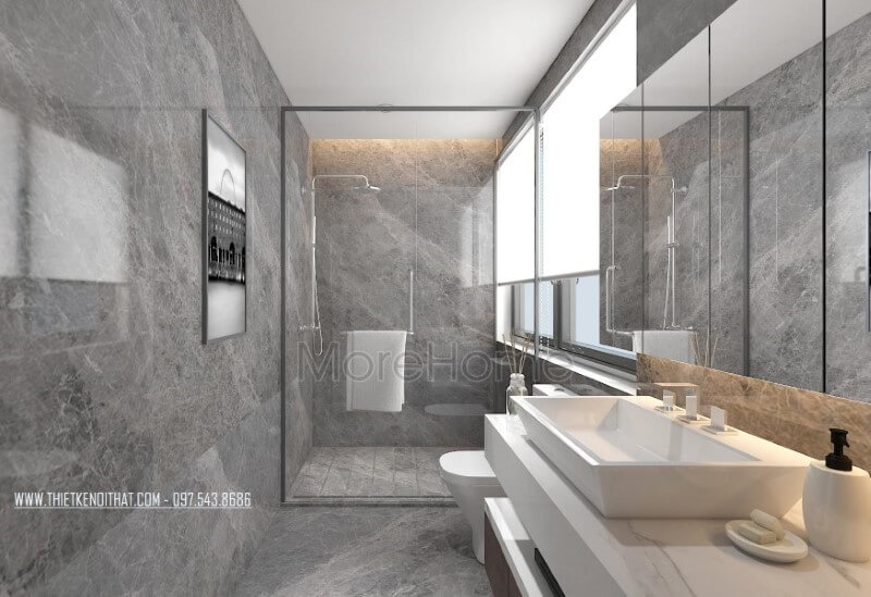 Phòng tắm hiện đại nổi bật với sắc trầm chủ đạo từ gạch xám ốp tường cao cấp. thiết kế biệt thự hiện đại