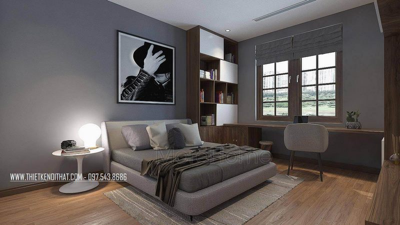 Mẫu giường ngủ bọc vải có tông màu xám đặc trưng được thiết kế hiện đại dành cho phòng ngủ của căn hộ chung cư.